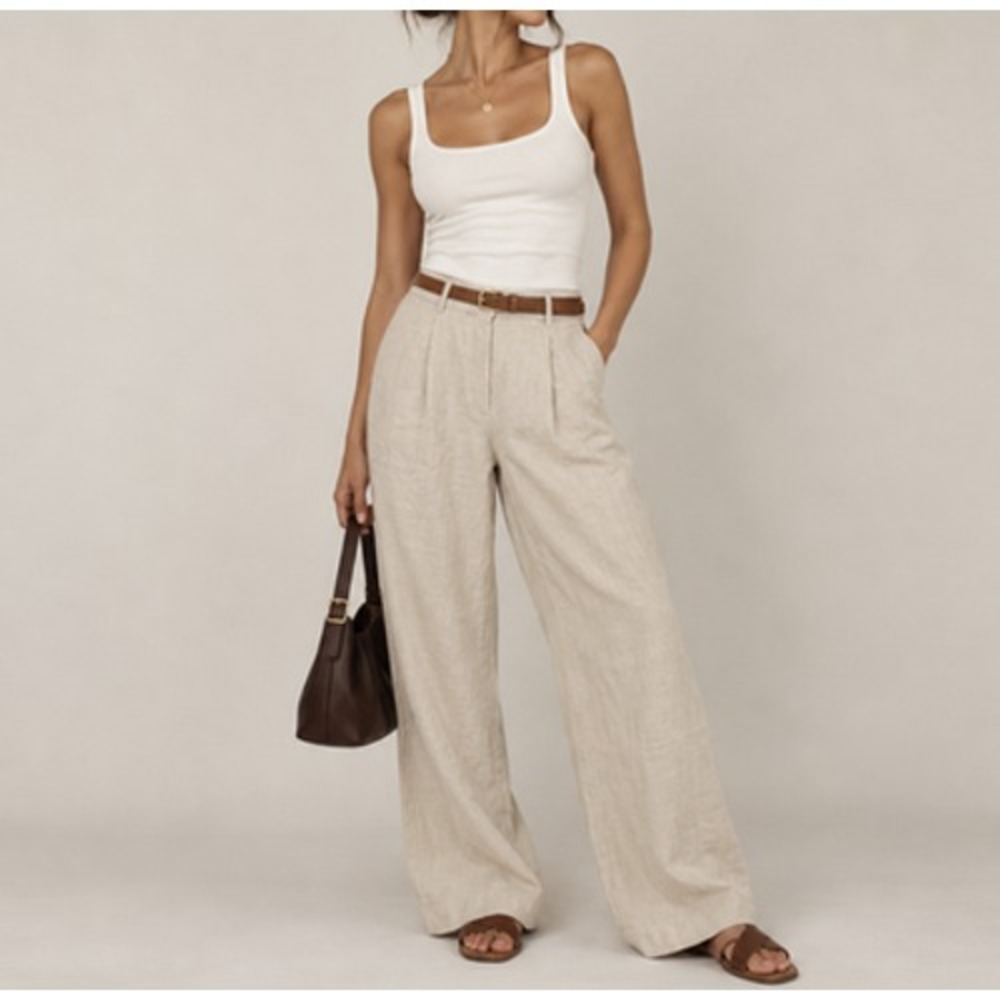 Old Navy Linen Wide Leg Pants Womens Medium Beige Taylor Trouser Office Work